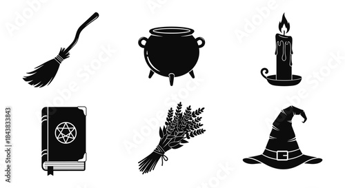 Halloween witchcraft icons: broom, cauldron, candle, spellbook, herbs, hat in silhouette