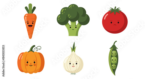 Cute smiling vegetables: carrot, broccoli, tomato, pumpkin, onion, peas