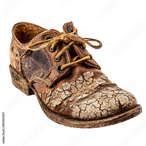Distressed vintage brown leather oxford shoe, heavily worn with cracked and peeling texture, isolated on background.