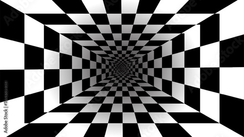 Fototapeta Naklejka Na Ścianę i Meble -  Black and white checkered geometric tunnel background with vanishing point perspective.