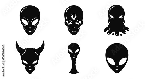 Mysterious alien faces: black silhouette set with unique designs