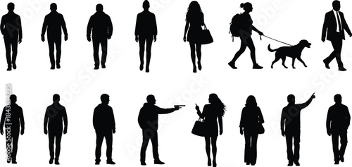 Assortment of high-quality vector silhouettes featuring a diverse range of people in walking, standing, and interacting poses for graphic design applications