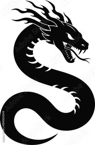 Stylized Black Dragon Illustration with Fiery Mane and Sharp Teeth, Depicting Power and Mythological Creatures