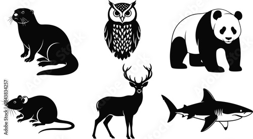 Diverse vector collection of wild animal silhouettes, featuring an owl, panda, otter, deer, shark, and rat in a clean graphic design style