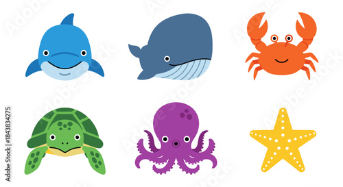 Cute marine animal cartoon collection: whale, crab, turtle, starfish, dolphin, octopus