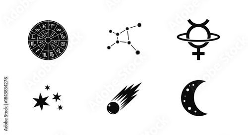 Astrology and astronomy symbols: zodiac, constellation, and celestial elements in black silhouette
