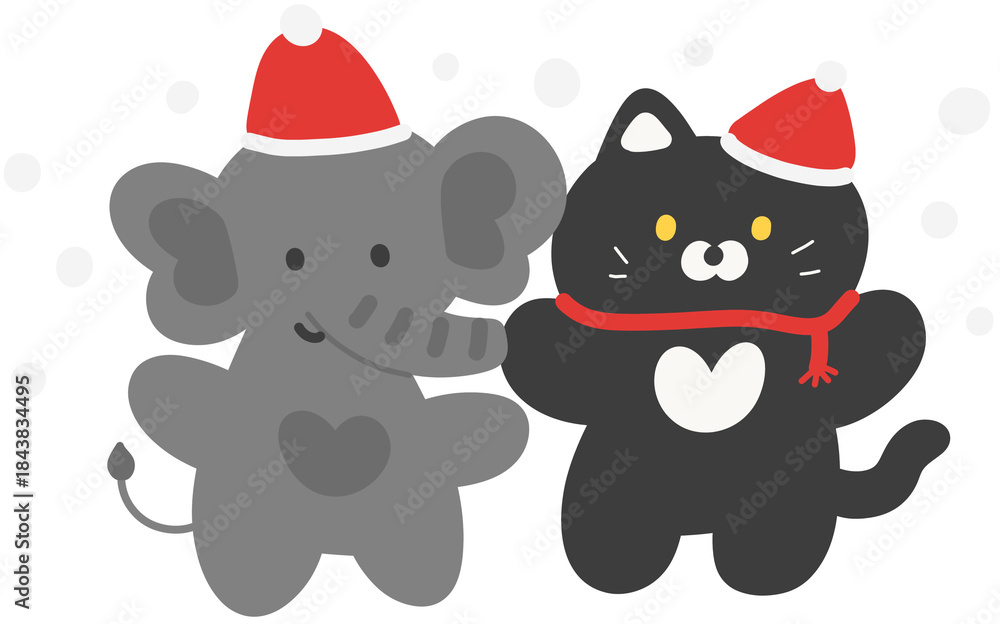 Fototapeta premium Cute Animal Character Wearing Santa Hat Hand Drawn Christmas Illustration