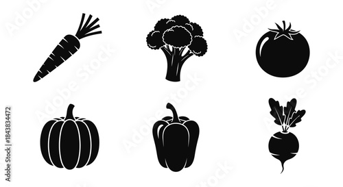 Silhouette icons of fresh vegetables: carrot, broccoli, tomato, pumpkin, pepper, beetroot