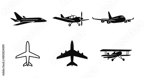 Set of airplane and aircraft silhouettes in various designs