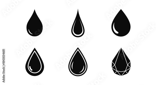 Set of black teardrop icons with geometric and glossy designs