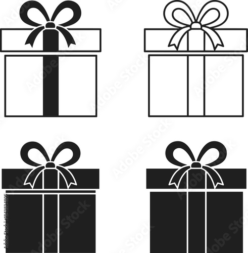 Gift box icon set, festive ribbon silhouette, holiday packaging vector, black illustration, celebration graphic, seasonal wrap design elements