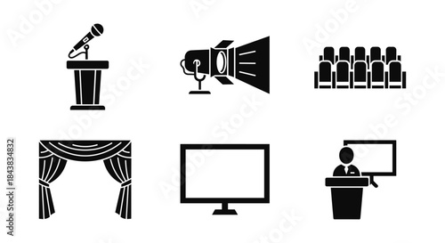 Conference icons set: microphone, spotlight, audience, stage, screen, presenter