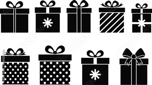 Gift box silhouette set, festive packaging icon, ribbon bow vector, holiday celebration graphic, black illustration, seasonal design elements