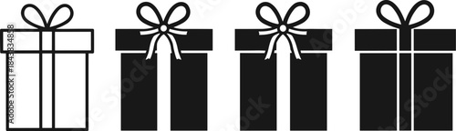 Gift box silhouette, festive present icon, holiday packaging vector, ribbon bow design, black illustration, Christmas celebration graphic