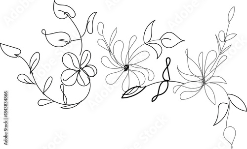 Black and white line drawing of flowers and leaves on