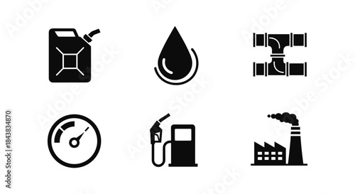 Energy and industrial icons set: gasoline, oil, pipeline, gauge, fuel pump