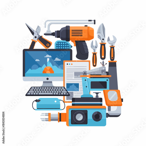 Icone vettoriali piatte che rappresentano concetti di industria, tecnologia, dati, produzione e connettività digitale.