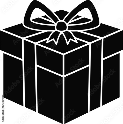 Gift box silhouette, festive ribbon vector, holiday packaging graphic, black illustration, celebration icon, three-dimensional wrap design element