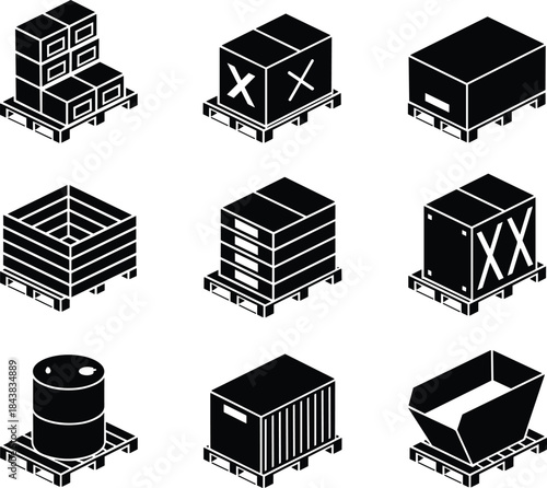 Industrial container icons, pallet storage, crate, drum, hazardous box, open bin, black silhouette, logistics design, warehouse equipment, shipping unit