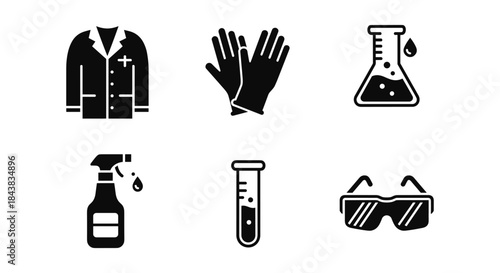 Essential science and safety equipment icons: lab coat, gloves, test tube, and more