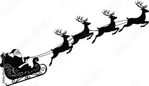 Santa sleigh silhouette, Christmas clipart, festive vector, reindeer flight, holiday graphic, black illustration, seasonal design, celebration icon.