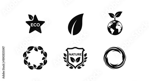 Eco-friendly nature icons: leaf, earth, and organic symbols for sustainability
