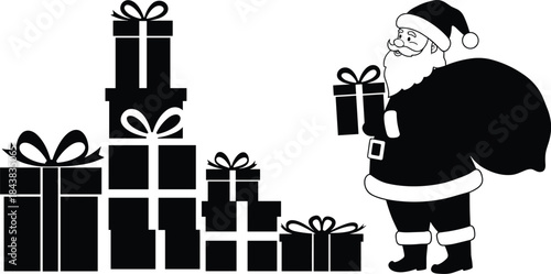 Santa with gifts, Christmas silhouette, festive clipart, holiday vector, black and white, present stack, seasonal decor, celebration graphic, gift delivery, Santa sack.