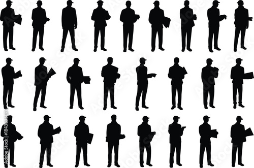 Silhouette icons, person holding books, reading pose, writing gesture, document handling, black illustration, character design, posture variation, study