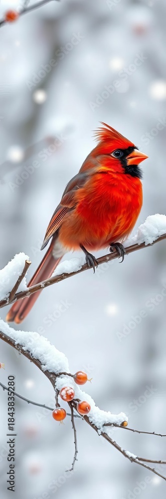 Naklejka premium Bright red cardinal perched on a winter branch, a splash of color against snow, frost, nature