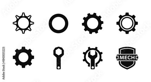 Set of mechanical icons with gears and tools in black silhouette style