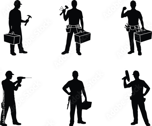 Worker silhouettes, manual labor icons, toolbox, hammer, drill, wrench, caulking gun, black illustration, tool belt, technical roles, standing pose