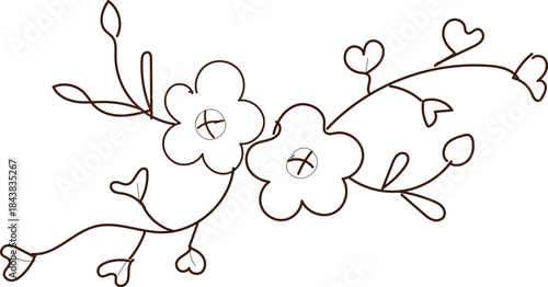 Black and white line drawing of two flowers with hearts on a branch