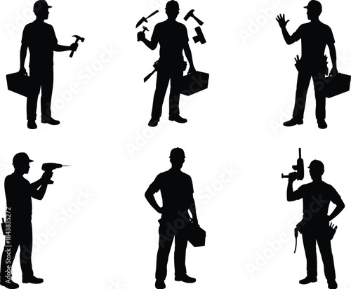 Worker silhouettes, manual labor icons, toolbox, hammer, drill, wrench, screwdriver, black illustration, tool belt, technical roles, standing pose
