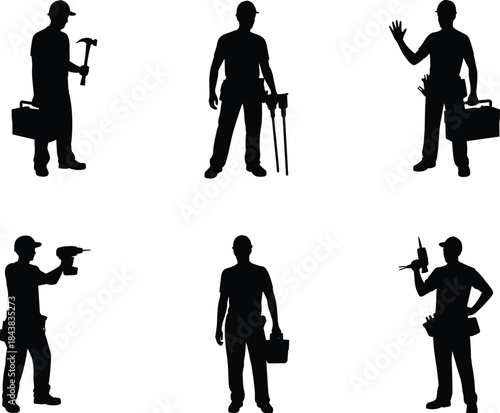 Worker silhouettes, manual labor icons, toolbox, hammer, drill, wrench, screwdriver, black illustration, technical roles, occupational tools, standing pose