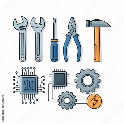 Illustrazione vettoriale di attrezzi meccanici ed elettronici, inclusi chiavi inglesi, cacciavite, pinze, martello, microchip e ingranaggi.