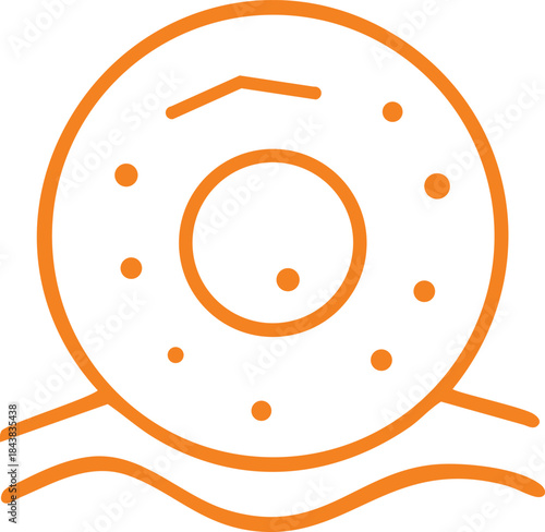 A simple orange line illustration of a donut shaped swimming pool float with wave lines below it