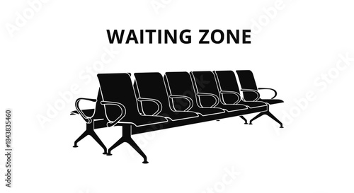 Silhouette of empty airport row chairs with 'waiting zone' text on white background