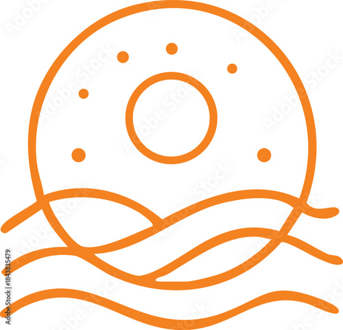 A simple orange line art illustration depicts a sun rising or setting over ocean waves