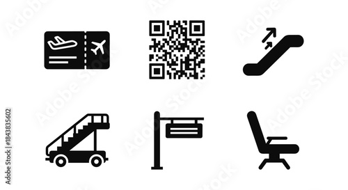 Essential airport icons: boarding pass, qr code, escalator, ladder, signpost, airplane seat