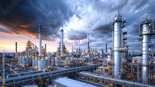 Wallpaper Mural Industrial landscape with oil and gas refinery plant at sunset under cloudy sky, complex pipelines, distillation towers, storage tanks and metal structures Torontodigital.ca