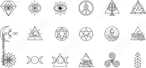 Alchemy and Spiritual Symbol Outline Vector Set, Celestial, Occult, Minimalist, Astrological, Mystical, and Sacred Geometry Icon Collection.