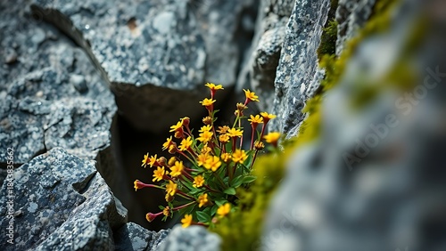 rhodiola. Rhodiola plants with yellow flowers growing from a crack in high-altitude granite. gardening catalogs, home-decor guides, designed for gardening and botanical catalogs.
