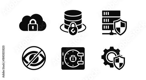 Secure technology icons featuring cloud, database, and server elements in bold black silhouette style