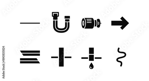 Set of minimalist icons featuring magnet, power button, arrows, lines and droplet shapes