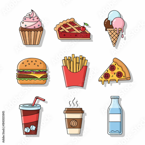Illustrazione vettoriale di vari cibi e bevande popolari, tra cui hamburger, pizza, patatine fritte, cupcake, torta, gelato, bibita, caffè e latte.