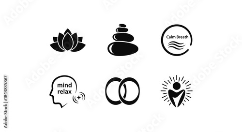 Minimalist wellness icons: calm, relaxation, and mindfulness symbols
