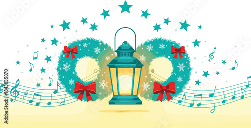 Christmas Carol and Holiday Music Vector Illustration, Festive Wreath, Lantern, Musical Notes, and Snowflakes, Winter Celebration Background Graphic.