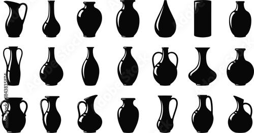 Antique Ceramic Jug, Pitcher, and Vase Silhouette Vector Set, Traditional Pottery, Earthenware, Amphora, and Container Collection Graphic Designs.