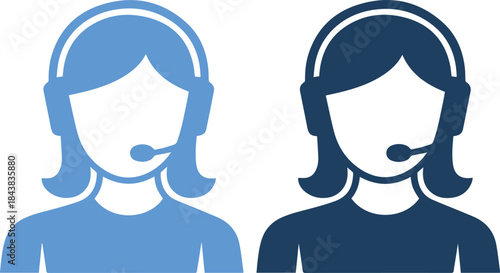 Two business women wearing headsets and microphones in blue shades