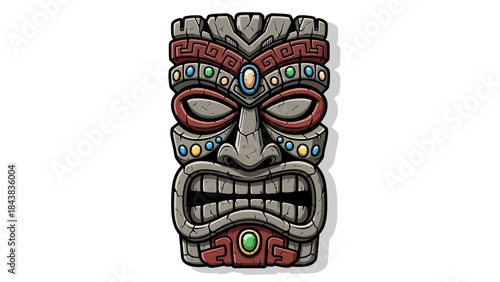 Cartoon tiki mask vector illustration, Hawaii totem face, stone tribal Aztec warrior head, isolated on white. Tropical maya native culture sculpture, primitive traditional art. Ritual tiki mask, jewel